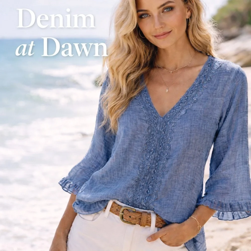 Macllyn Blue Gauze Lace V-Neck Blouse Size L Boho Peasant Top - Picture 1 of 7